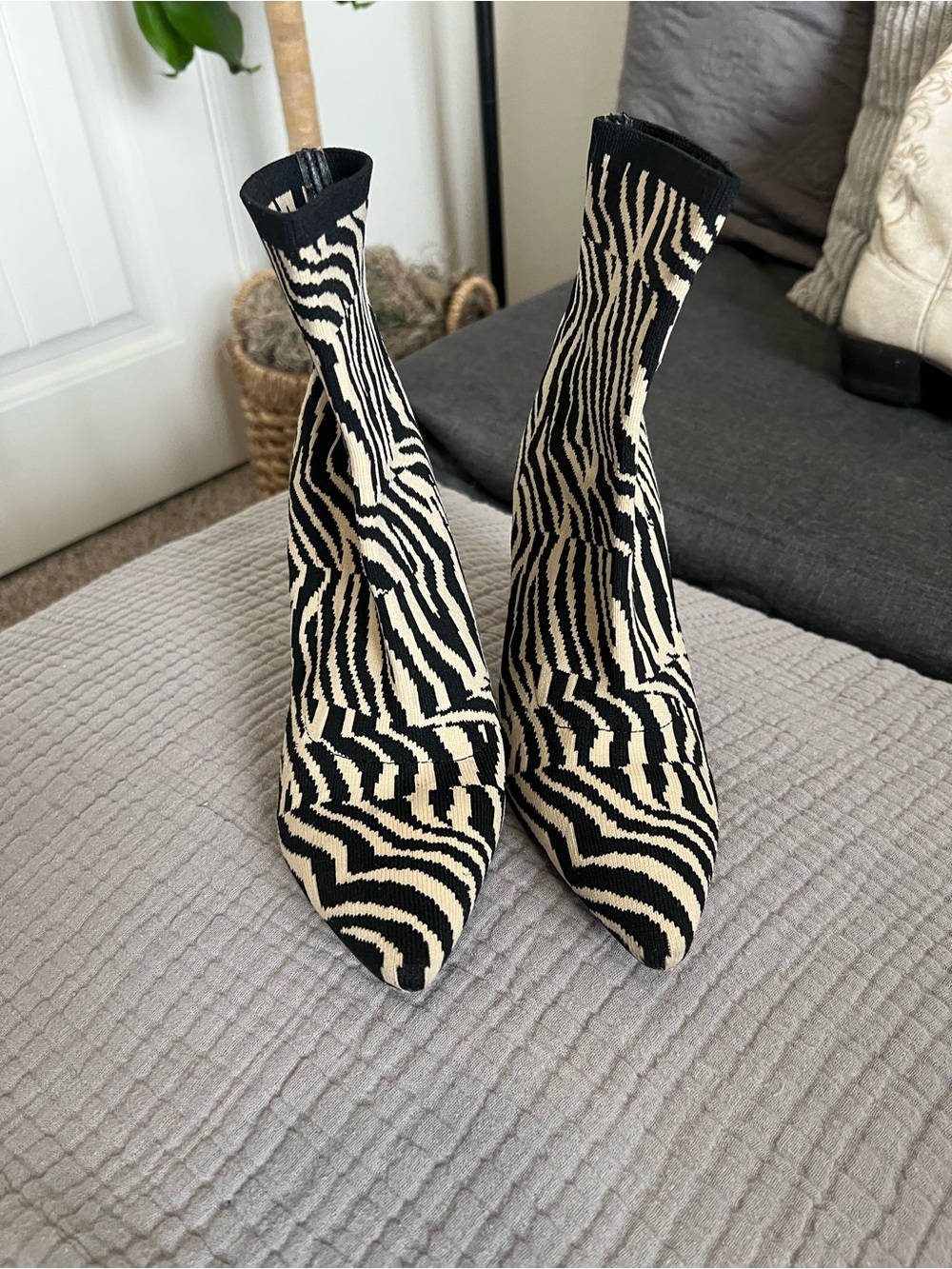 Zebra-Print Knit Sock Booties - Black & Cream